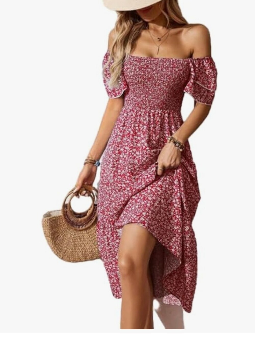 Women’s Off-Shoulder Red Floral Midi Dress #110